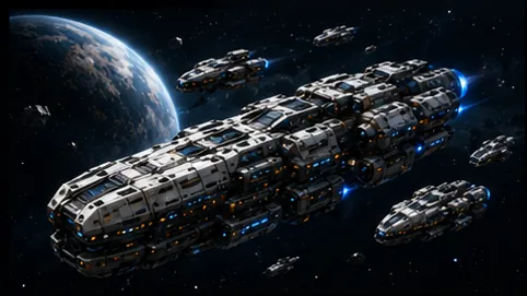 A capital ship and its escorts holding position above a planet.